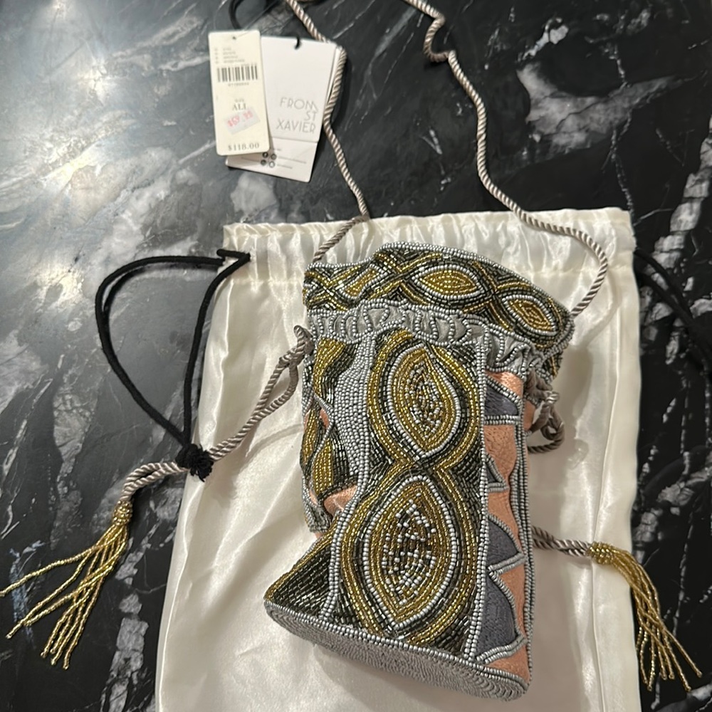 NWT Athropologie From St. Xavier Beaded Drawstring Crossbody Bag